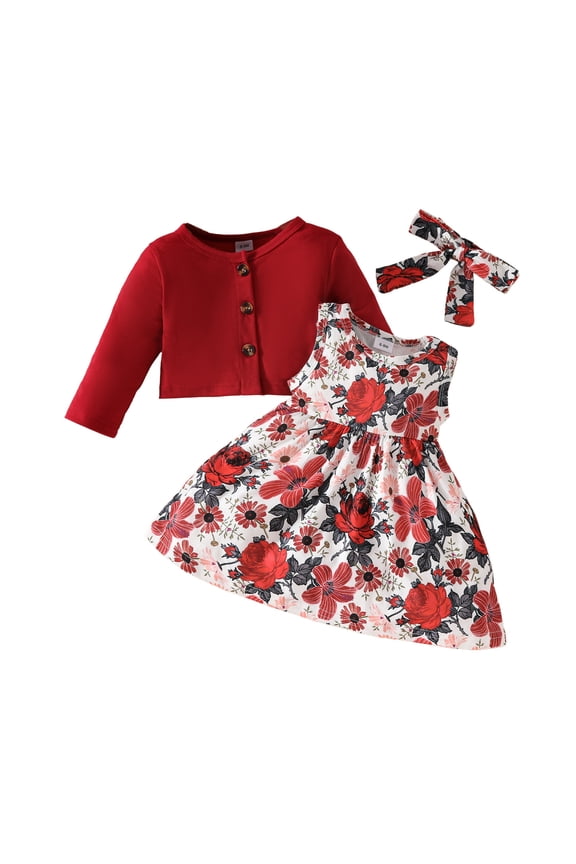 3PS Toddler Little Girls Dress and Cardigan Sets Floral Print Sleeveless Dress and Long Sleeve Cardigan Ruffle Shrug Fall Winter Party Clothes Set 9-12 Months