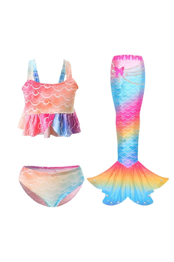 3Pcs Girls Swimsuit Mermaid Tails for Swimming Tankini Bathing Suit Set 4-13 Years