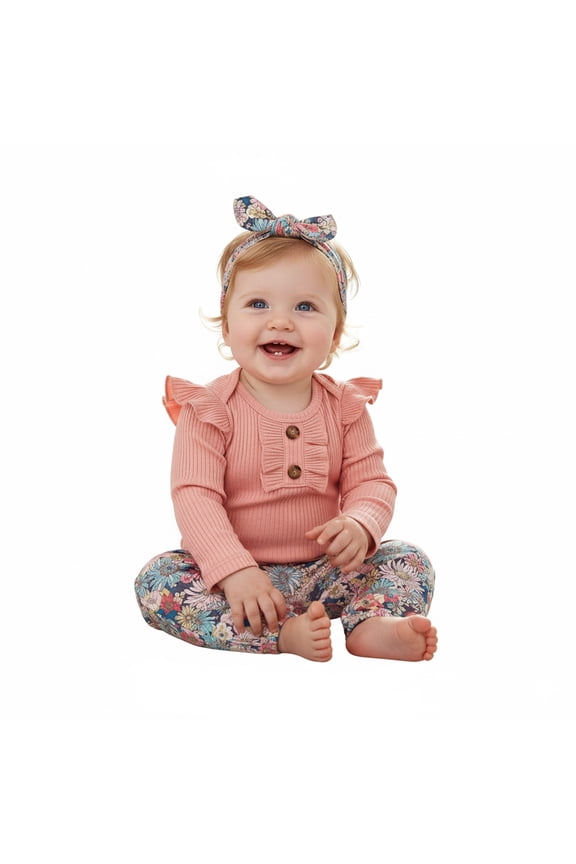 Baby Girls Clothes Winter Long Sleeve Ruffled Warm Bodysuit Cute Printed Pattern 3 Piece Newborn Infant Girls Outfits Set Blue 3-6 Months