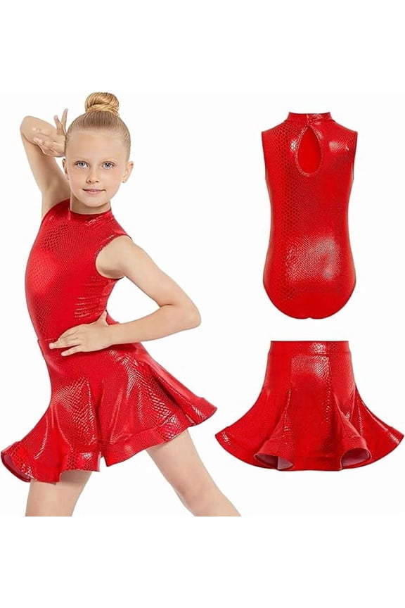 Girls Latin Dance Dress 2Pcs Sparkly Tango Ballet Leotard & Removable Flare Skirt Dancewear for Kids 5-12Y