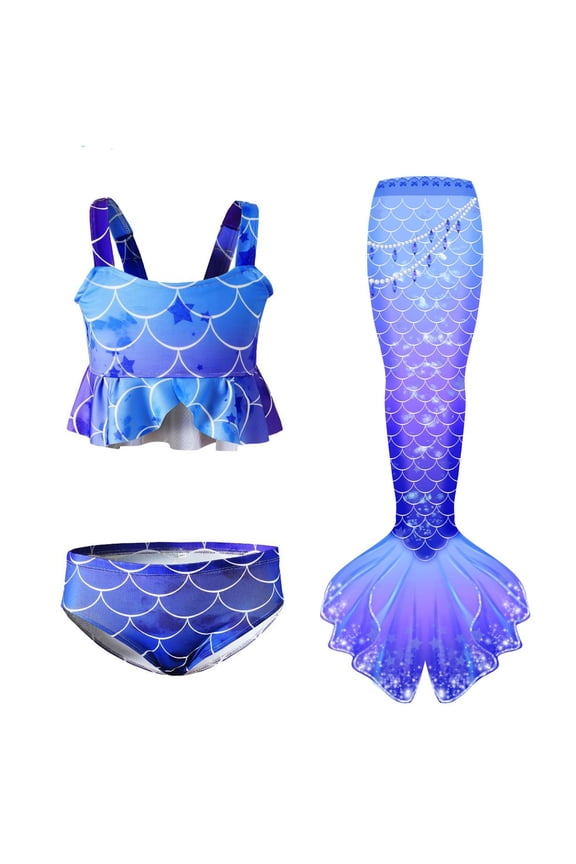 Girls Mermaid Bathing Suit 3PCS Cute Ruffle Tankini Swimsuits with Fish Tail Kids Beach Swimwear 4-13Y