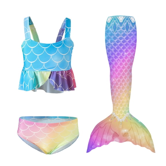 Kuleyang 3PCS Girls Mermaid Tail for Swimming Cute Ruffle Tankini Bathing Suit Fish Tail Kids Girls Beach Swimwear 3-13Y