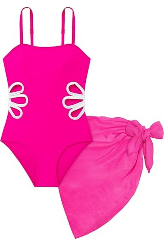 One Piece Girls Swimsuit Quick Dry Cut Out Swimsuits with Cover Up Skirt Bathing Suit Swimwear Chest Pad Girls' Swimwear 7-16Y