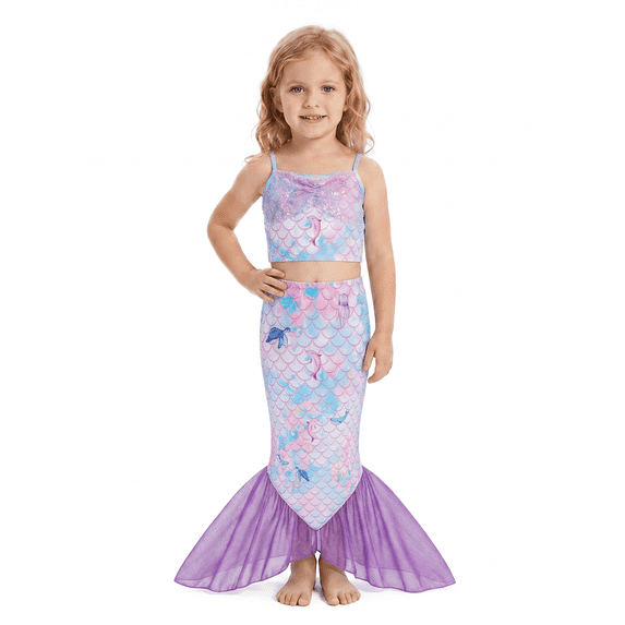 Girls 3 Piece Scale Print Mermaid Swimwear Set Sparkly Swimsuit with Fish Tail Skirt for Size 5T