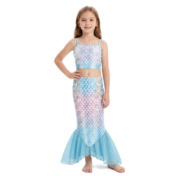 Girls Mermaid Swimsuit 3 Piece Bikini Set,Scales Print Two Piece Bathing Suit with Removable Fishtail Tulle Skirt Size 8Y