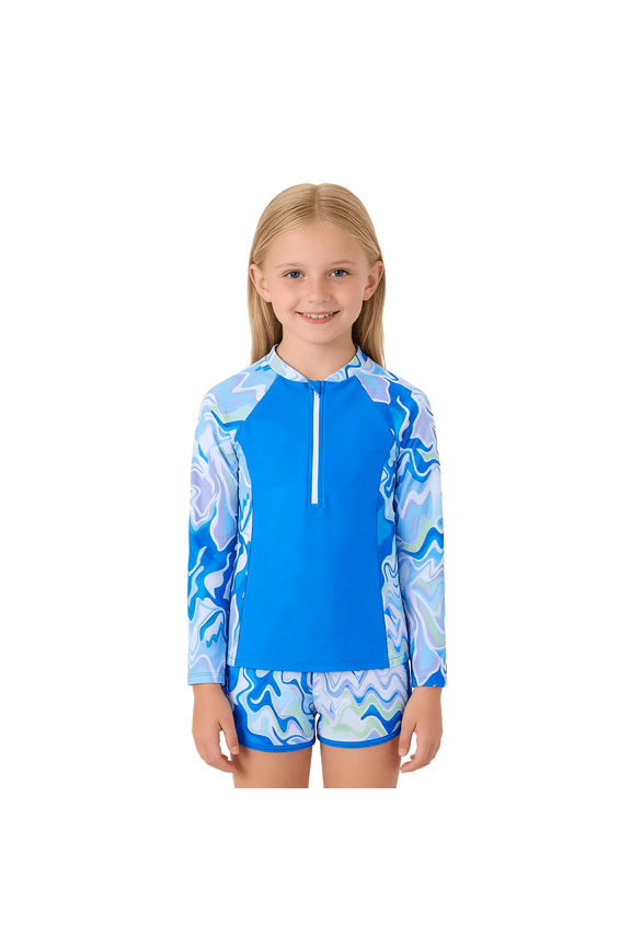 Girls Long Sleeve Two-Piece Swimsuit Set, Full Coverage Rash Guard with Front Zipper, Sun Protection Swimwear for Kids 8-12 Years