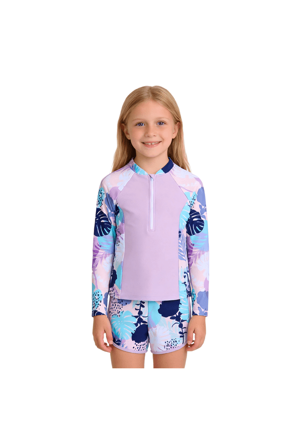 Girls Long Sleeve Two-Piece Swimsuit Set, Full Coverage Rash Guard with Front Zipper, Sun Protection Swimwear for Kids 8-12 Years