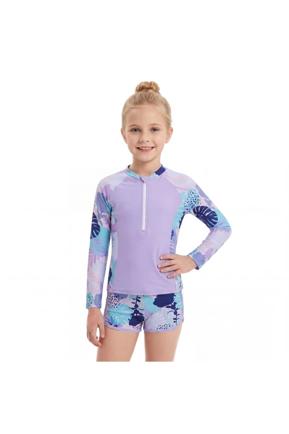 Long Sleeve Full Coverage Rash Guard Swimsuit with Front Zipper Sun Protection Swimwear Bathing Suit for Girls Size 9Y