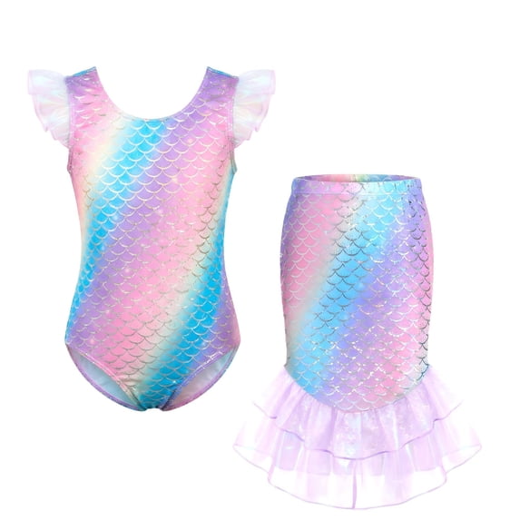 Girls Swimsuit Two Piece Fish Tail Skirt Swimwear Set Cosplay Color Gradient Scale Print Swim Top with Lotus Bud and Skirt Set for Kids Girls 7-8 Years