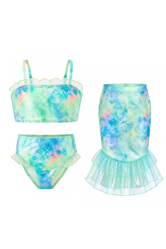Girls 3-Piece Mermaid Ruffled Bikini Swimsuit Set Fish Tail Skirt Bottom Bathing Suit Bikini Swimwear for Kids Girls 3-8 Years Beach Pool Party