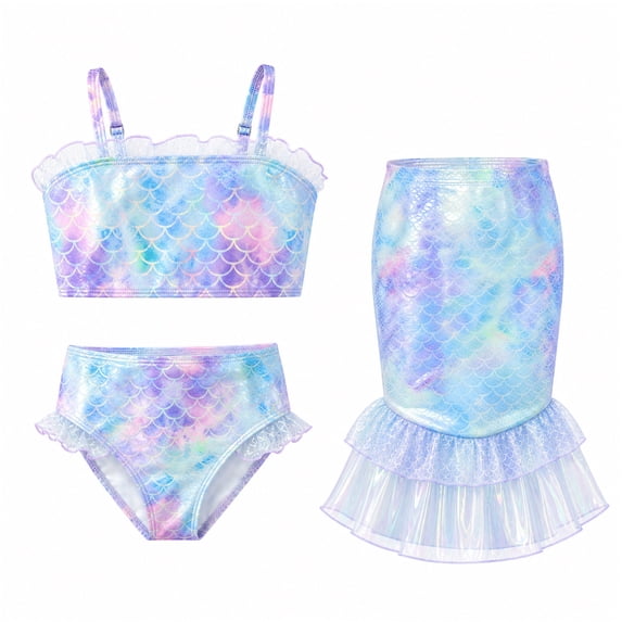Girls 3-Piece Mermaid Ruffled Bikini Swimsuit Set Fish Tail Skirt Bottom Bathing Suit Bikini Swimwear for Kids Girls 3-8 Years Beach Pool Party