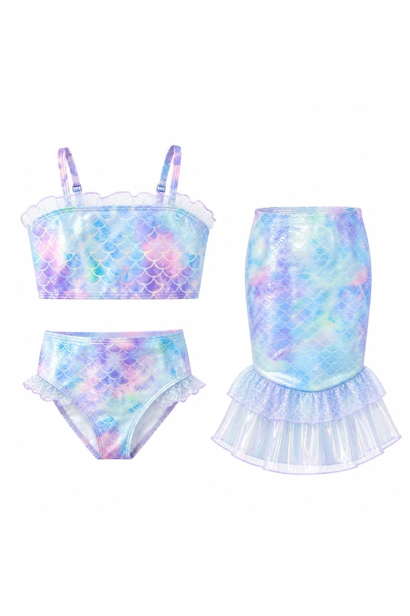 Girls 3-Piece Mermaid Ruffled Bikini Swimsuit Set Fish Tail Skirt Bottom Bathing Suit Bikini Swimwear for Kids Girls 3-8 Years Beach Pool Party