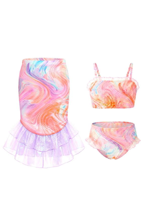 Girls 3 Piece Mermaid Bandeau Swimsuit Set,Ruffled Bikini & Fish Tail Skirt Bottom,Bathing Suit Bikini Set with Fishtail for Kids Beach Pool Party,3-8 Years