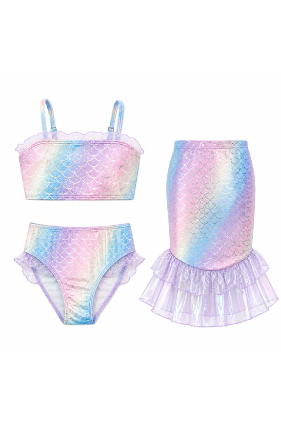 Girls Swimsuit 3 Piece Mermaid Bikini Swimwear Set Fish Tail Skirt Bottom Bathing Suit Size 4Y