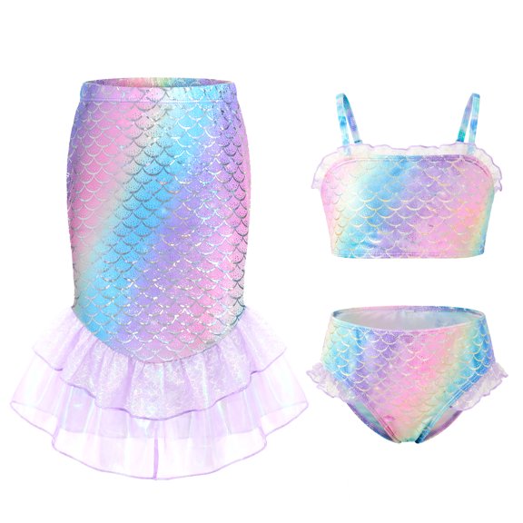 Girls 3 Piece Mermaid Bandeau Swimsuit Set,Ruffled Bikini & Fish Tail Skirt Bottom,Bathing Suit Bikini Set with Fishtail for Kids Beach Pool Party,3-8 Years