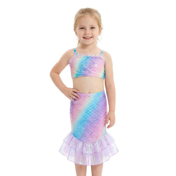 Girls Swimsuits 3PCs Mermaid Bikini Set Fish Tail Skirt Ruffled Bathing Suit Cosplay Swimwear for Kids Sizes 3-8