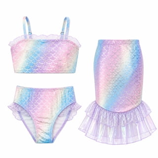 Girls 3-Piece Mermaid Ruffled Bikini Swimsuit Set Fish Tail Skirt Bottom Bathing Suit Bikini Swimwear for Kids Girls 3-8 Years Beach Pool Party