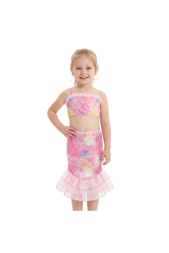 Girls Swimsuits 3PCs Mermaid Bikini Set Fish Tail Skirt Ruffled Bathing Suit Cosplay Swimwear for Kids Sizes 4-5Y