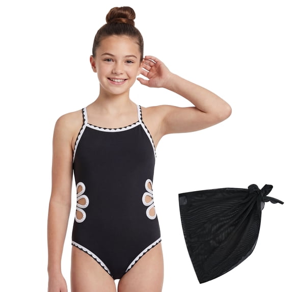 Girls One-Piece Cut Out Design Swimsuit with Cover Up Skirt Adjustable Straps Swimwear Solid Color Bathing Suit for Girls Ages 7-16 Years