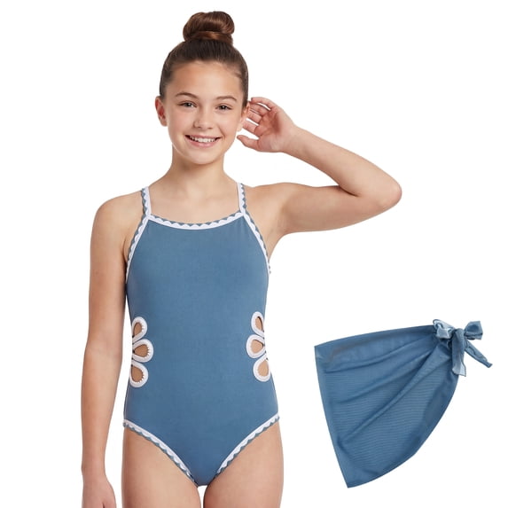 Girls One-Piece Cut Out Design Swimsuit with Cover Up Skirt Adjustable Straps Swimwear Solid Color Bathing Suit for Girls Ages 7-16 Years