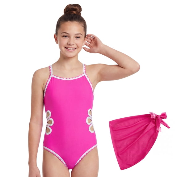 Girls One-Piece Cut Out Design Swimsuit with Cover Up Skirt Adjustable Straps Swimwear Solid Color Bathing Suit for Girls 13-14 Years