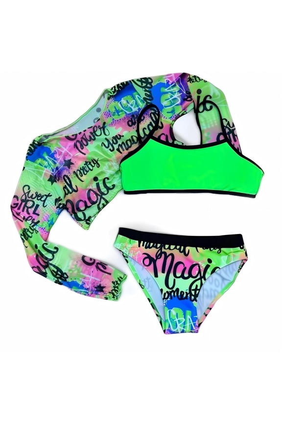 Girls Bikini Swimsuit Set Long Sleeve Mesh Top Vibrant Color Print Swimwear 13-14Y