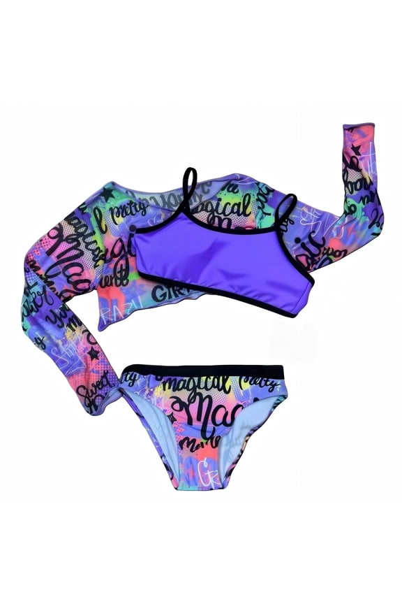 Girls 3-Piece Bikini Swimsuit Set with Long Sleeve Mesh Top Vibrant Color Print Swimwear for Girls 10Y