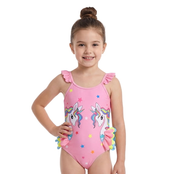 Girls One Piece Cartoon Swimsuit with Colorful Ruffles Design Cute Character Swimwear for Kids Girls 5-6 Years