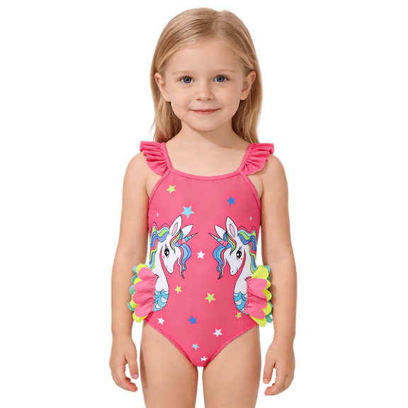 Girls Cartoon One Piece Swimsuit with Colorful Ruffles Design, Cute Character Swimwear for Girls 3-6 Years