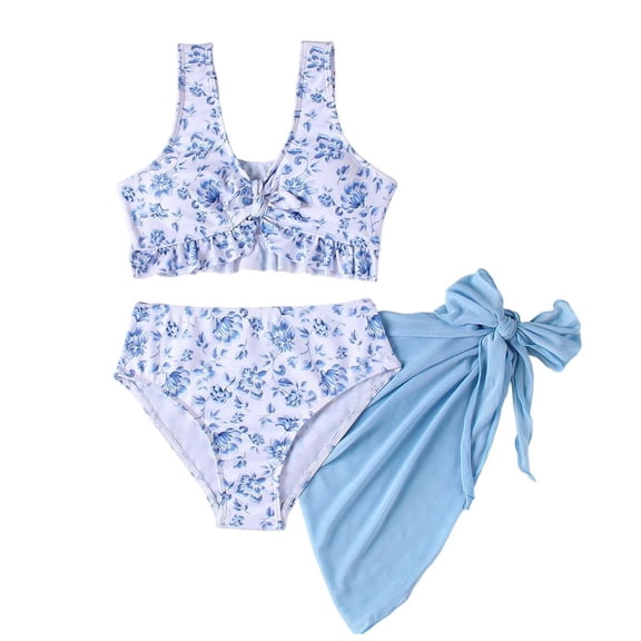 3PCS Girls Bikini Swimwear Blue Floral Print Swimsuit Set with Mesh Cover Up Skirt Bathing Suit for Teen Girls Size 12Y