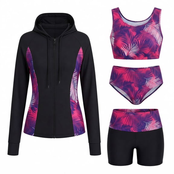 4 Piece Zipper Long Sleeve Swimsuits for Women High Waisted Rash Guard Swimsuit Set Pockets, Sun Protection Swimwear for Active Water Sports