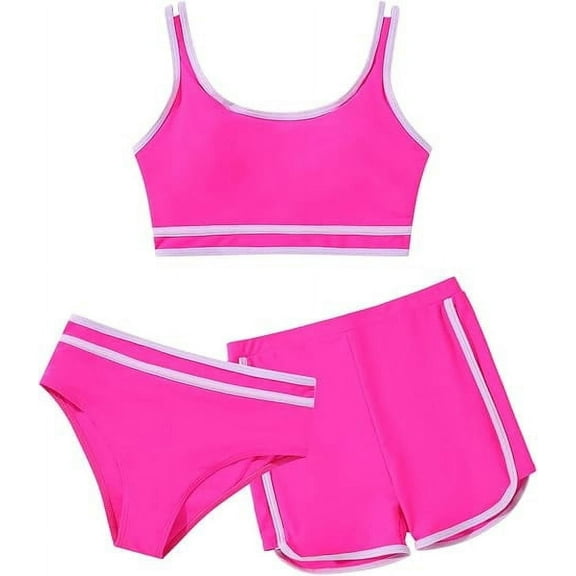Kuleyang Three Piece Girls Bathing Suit Casual Color-Block Adjustable Straps Bikini Sets Girls Swimsuits Girls' Swimwear