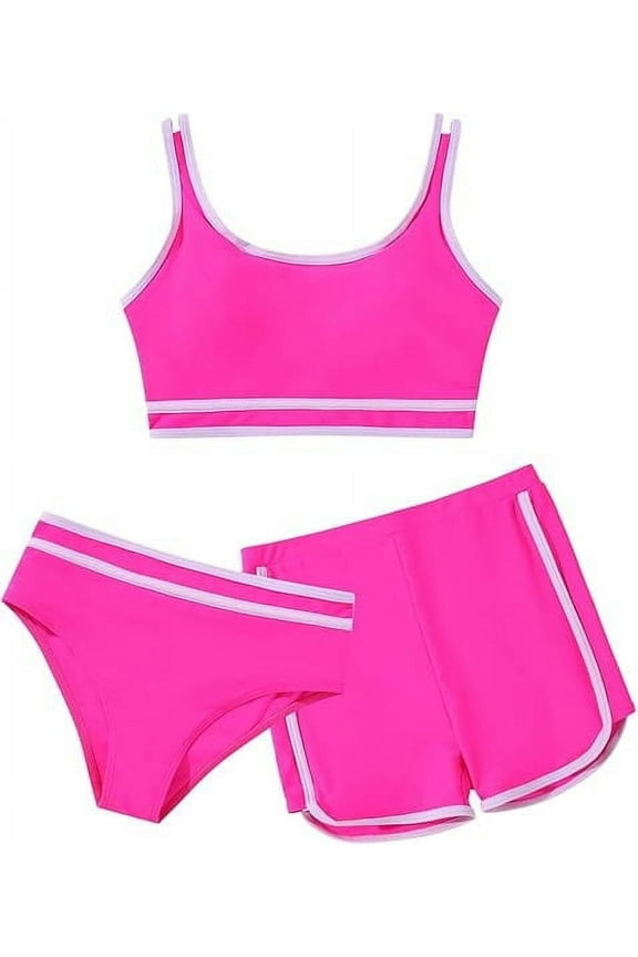 Three Piece Girls Bathing Suit Casual Color-Block Adjustable Straps Bikini Sets Girls Swimsuits Girls' Swimwear