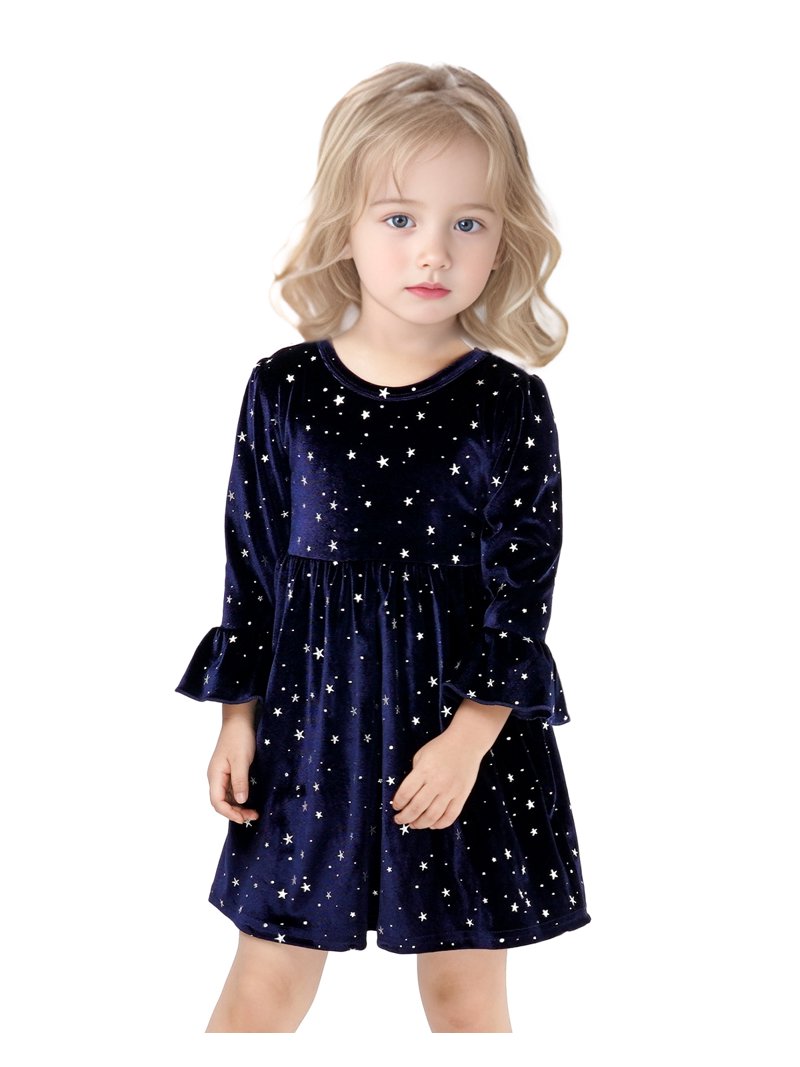 Kuleyang Toddler Girl Fall Dress Winter Clothes Long Sleeve Velvet Star  Dresses Holiday Party Outfits Navy Blue 3-4Y - Walmart.com