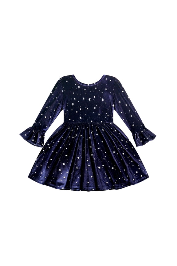 Toddler Girl Dress Spring Clothes Long Sleeve Velvet Star Dresses Holiday Party Outfits Navy Blue 9-12 Months