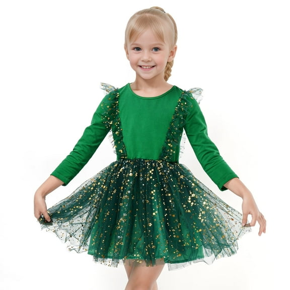 Kuleyang Toddler Girls Dresses Tutu Long Sleeve Velvet Tulle Spring Princess Star Sequin Ruffle Holiday Party Birthday Dresses Green 3T(90)