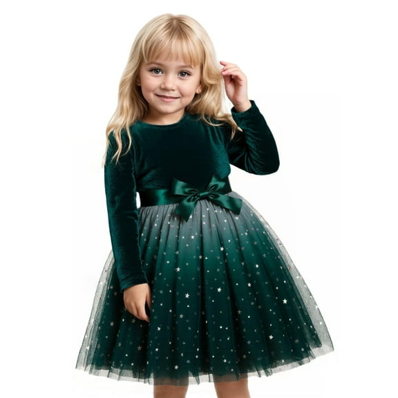 Kuleyang Toddler Girls Dresses Tutu Long Sleeve Velvet Tulle Spring Princess Star Sequin Ruffle Holiday Party Birthday Dresses Green 4T(100)