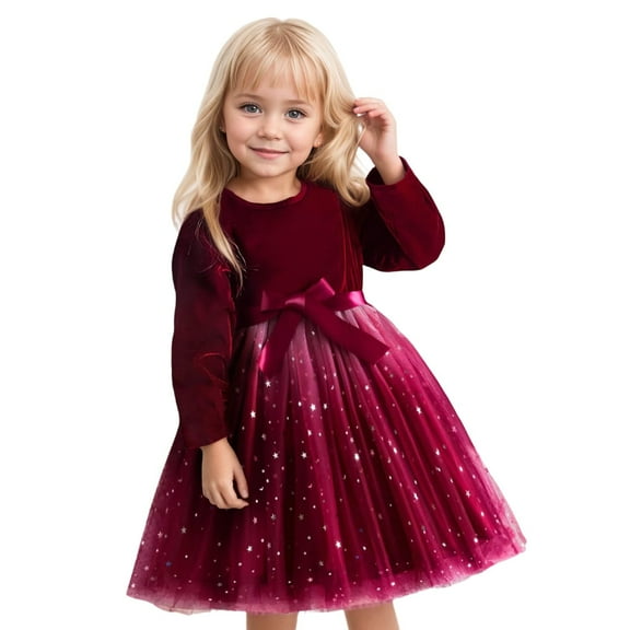Kuleyang Toddler Girls Dresses Tutu Long Sleeve Velvet Tulle Spring Princess Star Sequin Ruffle Holiday Party Birthday Gift Dresses Red 4T(100)
