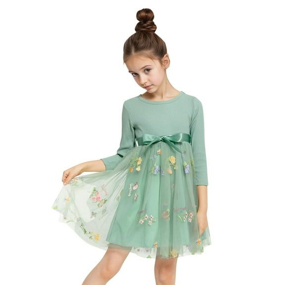 Kuleyang Toddler Girls Dress Tulle Long Sleeve Floral Cute Knit Bowknot Spring Party Clothes for Little Girls 1-5 Years