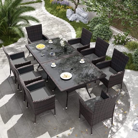Kullavik 10-Piece Patio Outdoor Dining Set, Wicker Patio Furniture Set of 8 Rattan Chairs with Soft Cushions and Two Square Table with Umbrella Cutout, Grey