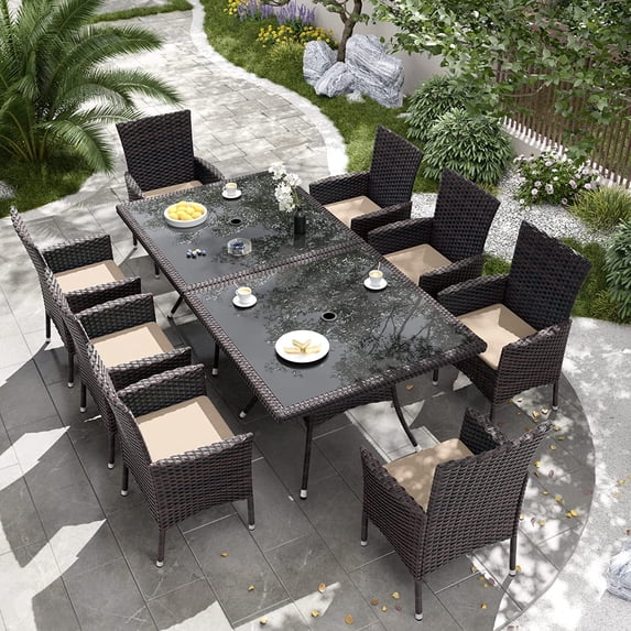 Kullavik 10-Piece Patio Outdoor Dining Set, Wicker Patio Furniture Set of 8 Rattan Chairs with Soft Cushions and Two Square Table with Umbrella Cutout, Sand