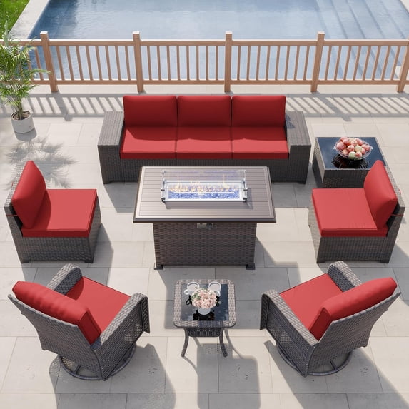 Kullavik 10 Pieces Patio Furniture Set, Rattan Wicker Outdoor Conversation Sets w/43in Propane Fire Pit Table, Swivel Rocking Chairs Patio Sectional Sofa w/4 Inch Cushion, Red