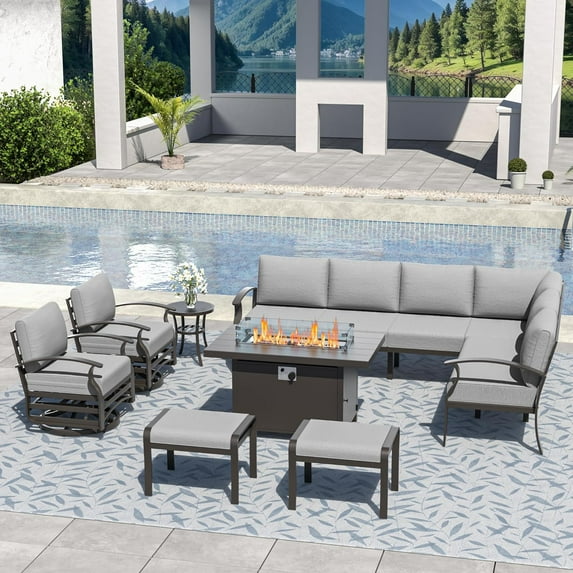 Kullavik 10 Seat Metal Corner Sofa Set with Propane Fire Pit Table and Swivel Chairs,Outdoor Patio Conversation Set with Coffee Table&Removable Cushion for Backyard, Garden, Poolside,Grey