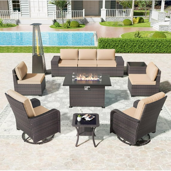 Kullavik 11 Pieces Outdoor Patio Furniture Set with Gas Propane Fire Pit Table,PE Wicker Rattan Sectional Sofa Patio Conversation Sets with Pyramid Patio Heater,Swivel Rocking Chairs Set,Sand