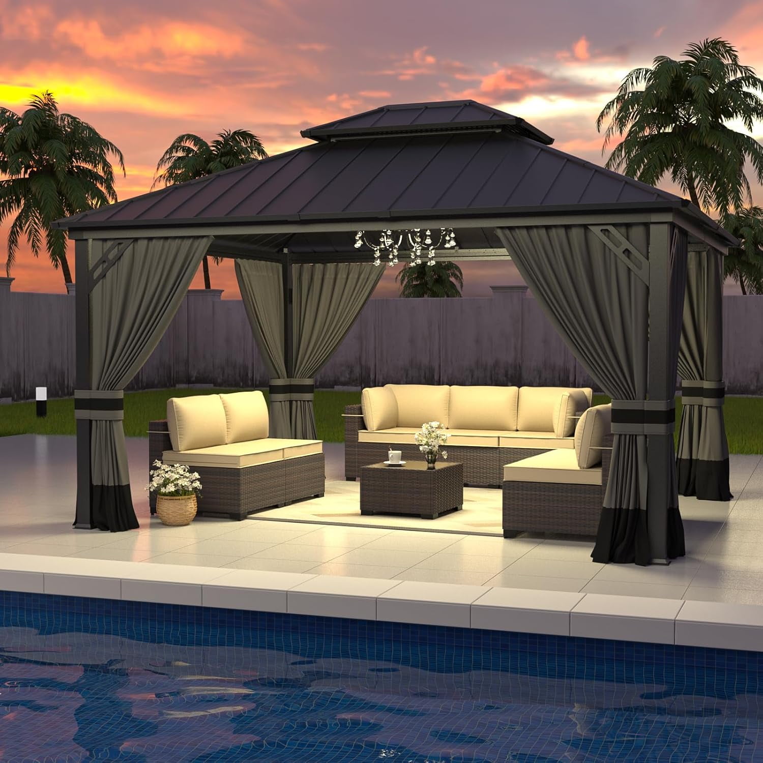 Gray 12' x 14' Hardtop Gazebo with Curtains and Netting