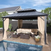 Kullavik 12x14 Hardtop Gazebo, Outdoor Double Roof Canopy with Netting and Curtains, Galvanized Metal Frame, Sunshade for Patio, Backyard, Deck and Lawns-Sand