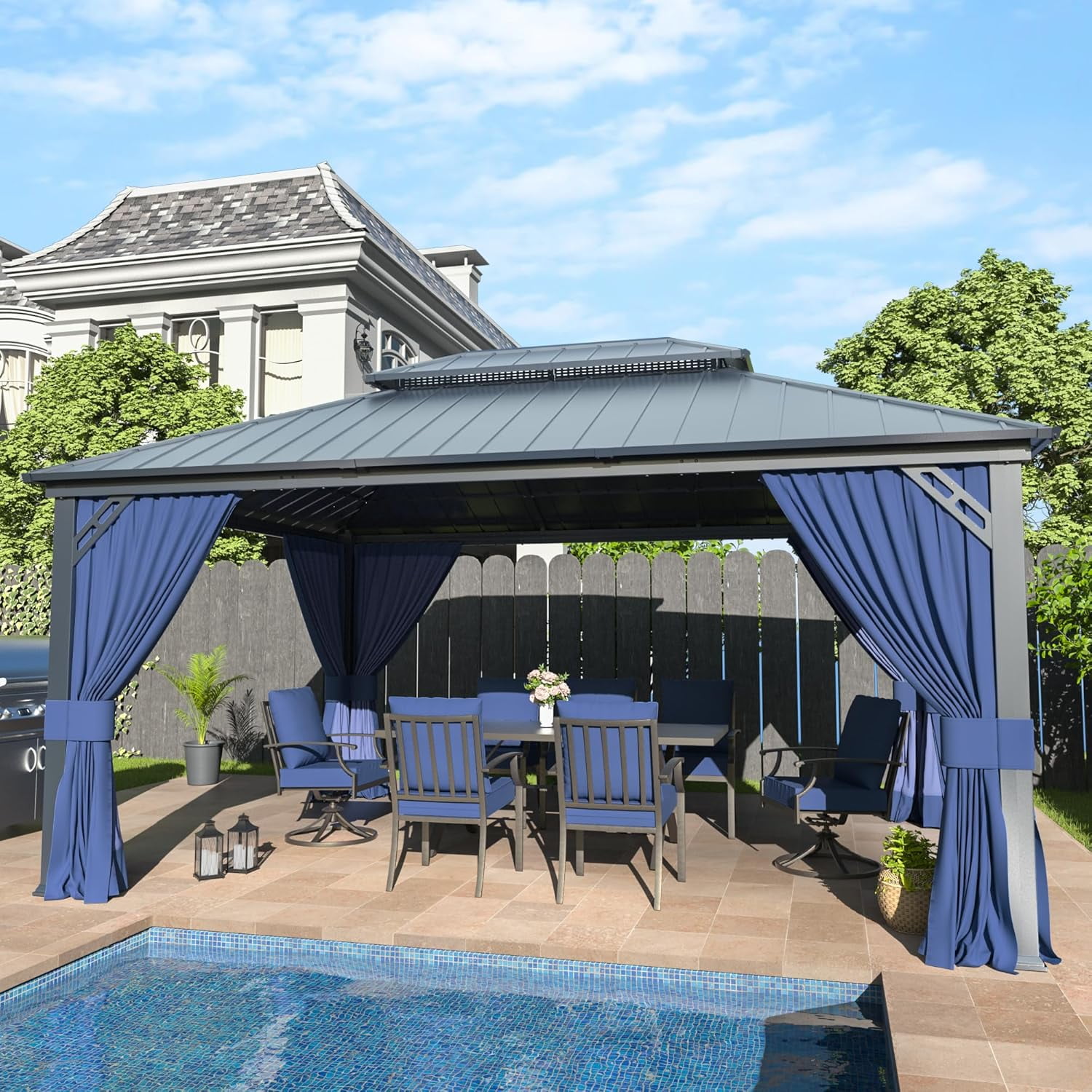 Kullavik 12'x16' Hardtop Gazebo, Outdoor Double Roof Canopy with Netting and Curtains, Galvanized Metal Frame, Sunshade for Patio, Backyard, Deck and Lawns-Navy Blue