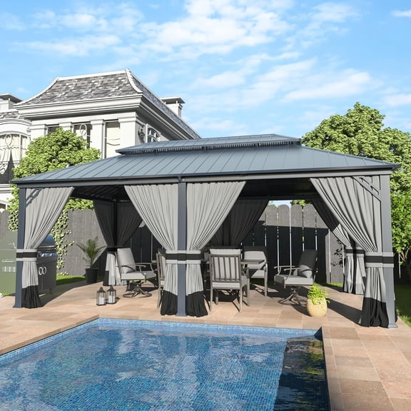 Kullavik 12'x20' Hardtop Gazebo, Outdoor Double Roof Canopy with Netting and Curtains, Galvanized Metal Frame, Sunshade for Patio, Backyard, Deck and Lawns-Gray