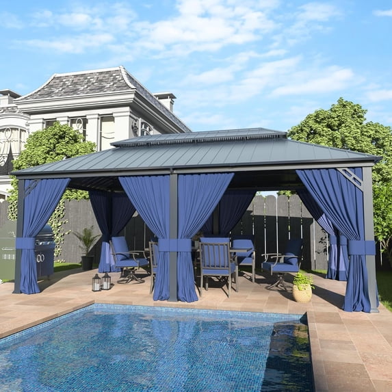 Kullavik 12'x20' Hardtop Gazebo, Outdoor Double Roof Canopy with Netting and Curtains, Galvanized Metal Frame, Sunshade for Patio, Backyard, Deck and Lawns-Navy Blue