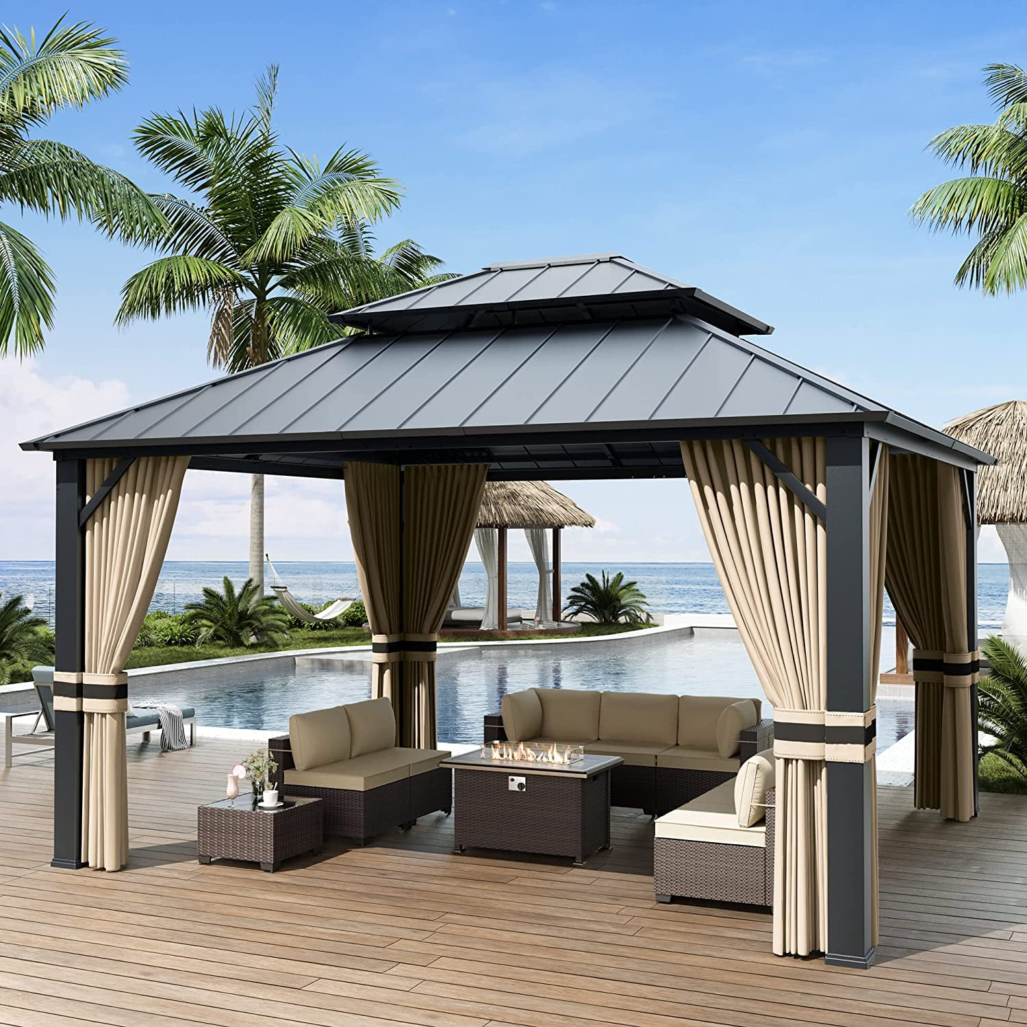 Kullavik 12X14FT Hardtop Gazebo Double Roof, Pergolas Aluminum Frame